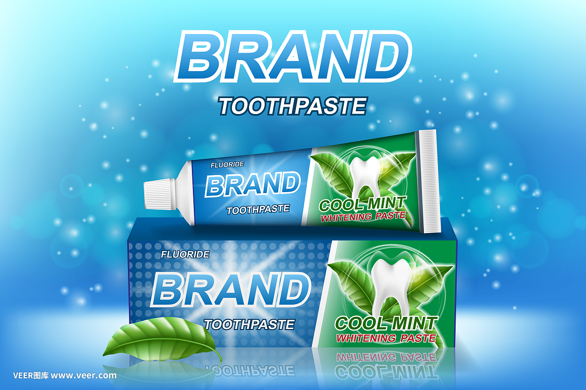 薄荷牙膏廣告。牙齒模型和產(chǎn)品包裝設計的牙科保健海報或廣告。3 d矢量圖